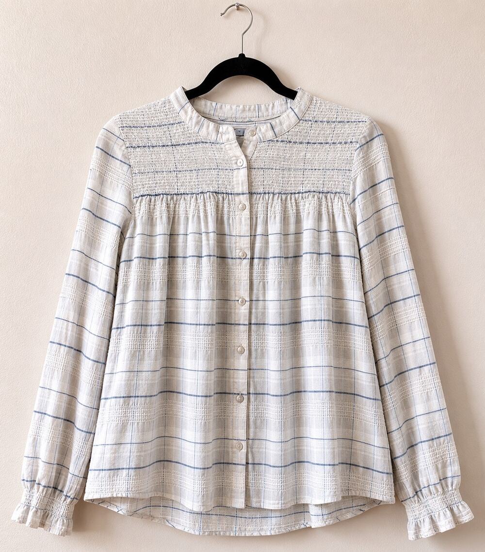 Carbon2Cobalt 100% Cotton Plaid Smocked Peasant Blouse Size M Boho Button Front